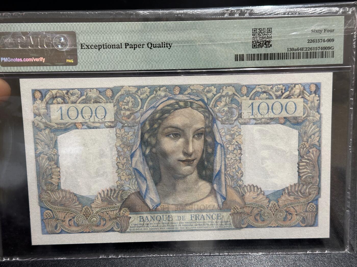 《外钞收藏家》第六百一十二期（ 精选场）（长期征集拍品、欢迎藏友们联系合作） 1946年法国1000法郎 PMG64E 精美大票幅