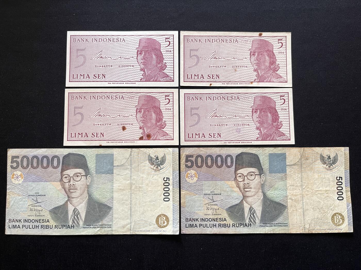 咖啡豆•收藏 2026年Mar_5th世界各国非全新纸币拍卖 6枚 印度尼西亚 5分-50000卢比 品如图 外国纸币