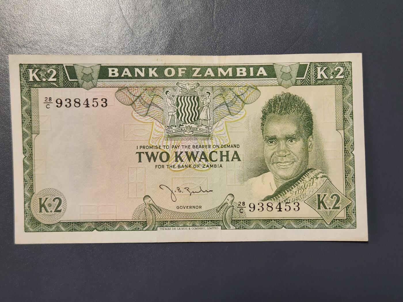 2月23号晚上8点 外国纸币自动截拍第29场 赞比亚 1968年2宽扎 原票极美品 稀少签名