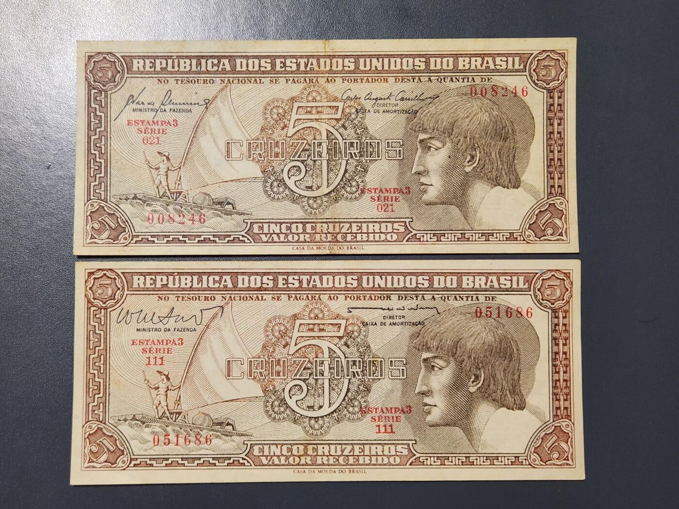 2月24号晚上8点 外国纸币自动截拍第30场 巴西 1961年版 5克鲁塞罗 不同签名一对 美品