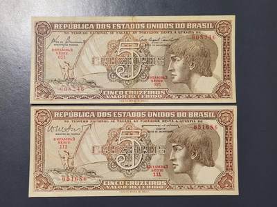 2月24号晚上8点 外国纸币自动截拍第30场 - 巴西 1961年版 5克鲁塞罗 不同签名一对 美品