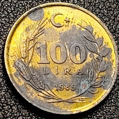 泉币菌-第198场- 新年快乐 新年第6场 本场拍品多 请提前出价（正月十五统一发货） - 土耳其1989年 100里拉 铝青铜 黄铜硬币  20.75毫米 4.1克