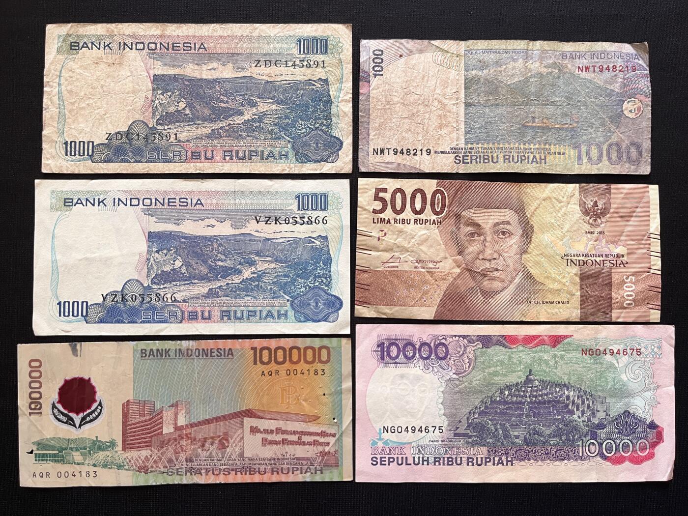 咖啡豆•收藏 2026年Mar_5th世界各国非全新纸币拍卖 6枚 印度尼西亚 1000-100000卢比 品如图 外国纸币