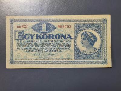 2月23号晚上8点 外国纸币自动截拍第29场 - 匈牙利1920年1克朗 国家财政部发行 美品原票