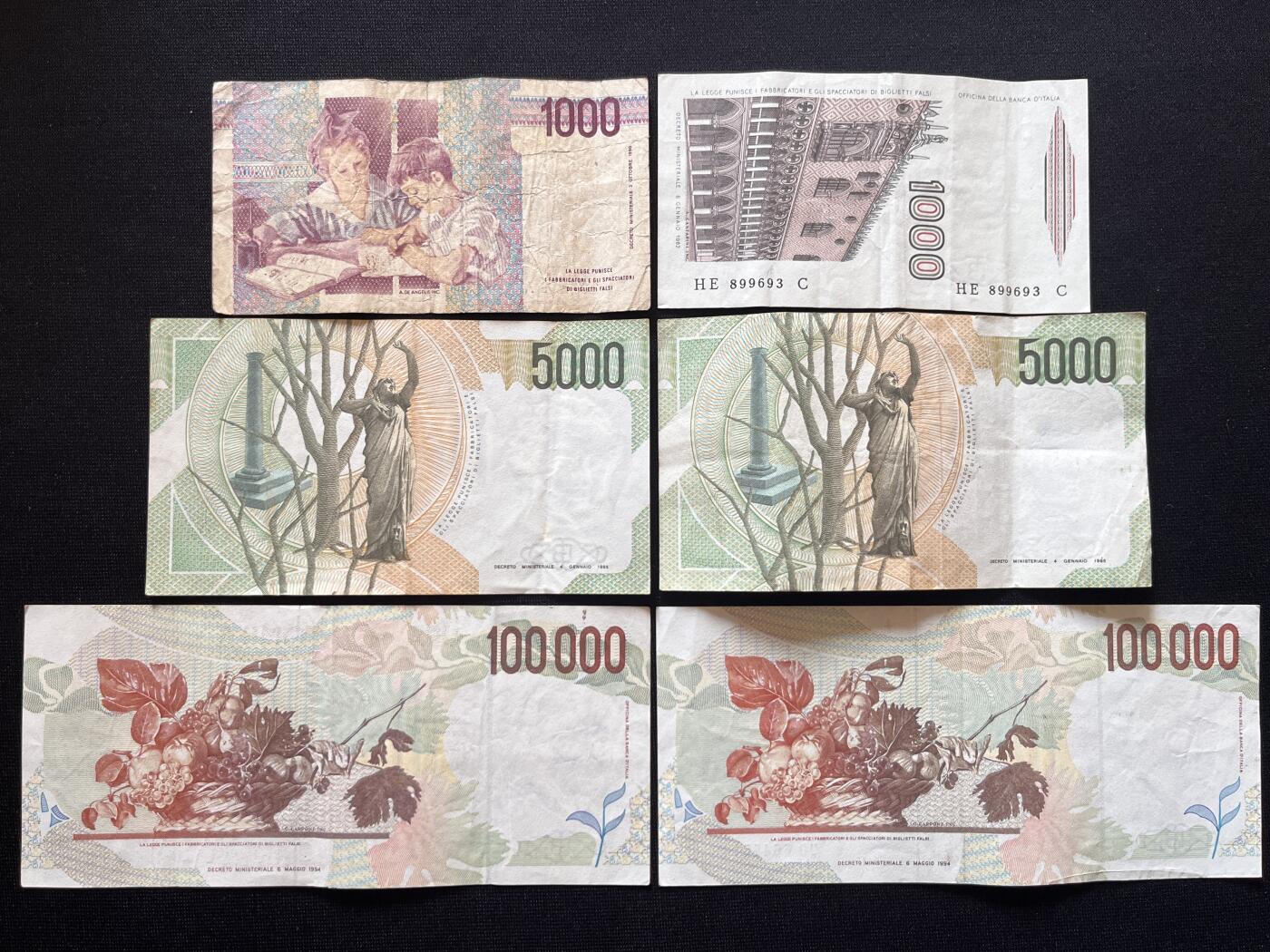 咖啡豆•收藏 2026年Mar_5th世界各国非全新纸币拍卖 6枚 意大利 1000-100000里拉 非全新品相如图 外国纸币