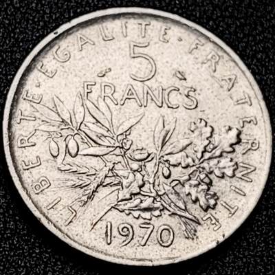 泉币菌-第199场- 新年快乐 新年第7场 本场拍品多 请提前出价（正月十五统一发货） - 法国早期（1970年）5法郎大镍币 29MM 播种女神 入欧前末版 绝版币