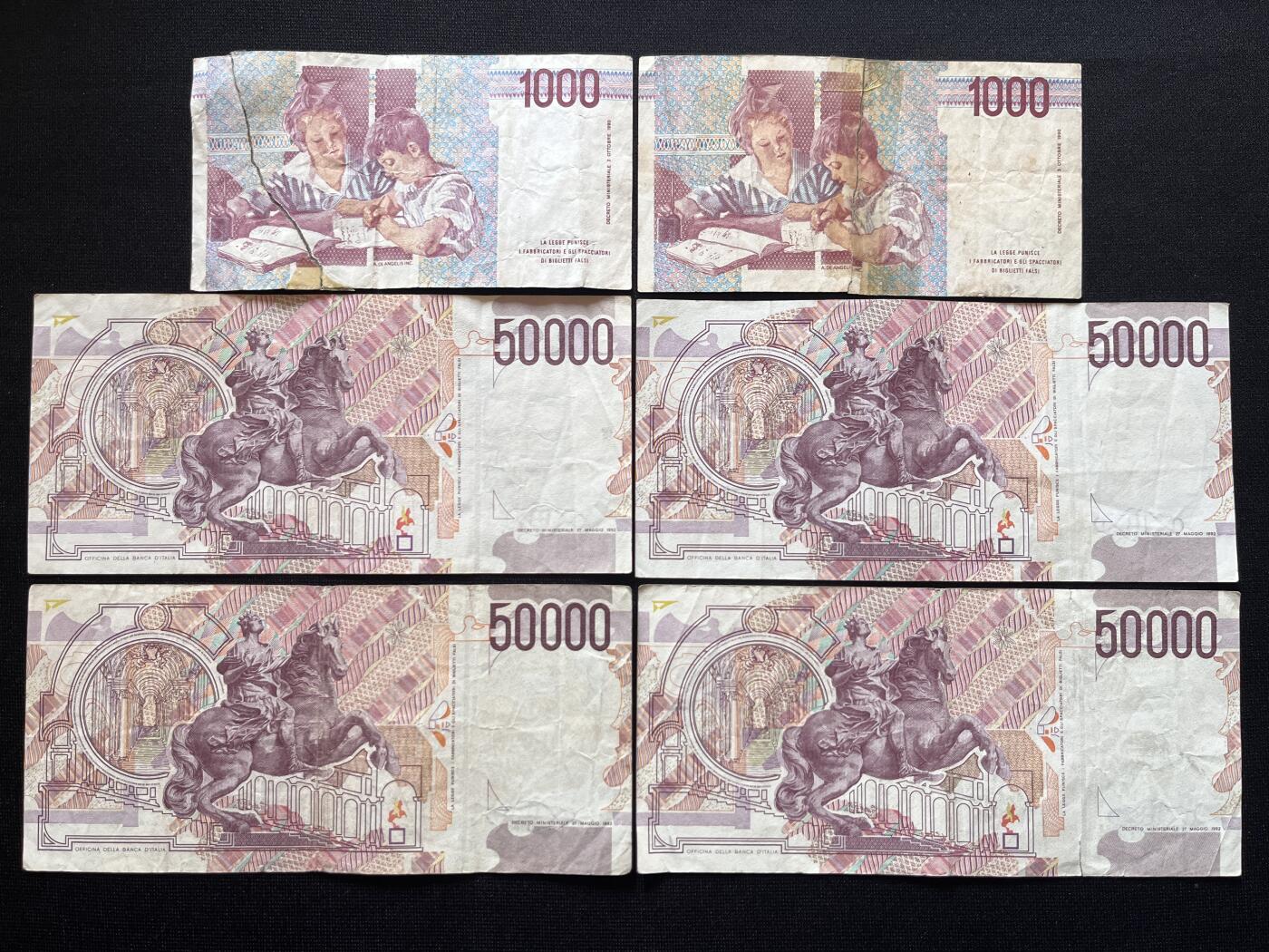 咖啡豆•收藏 2026年Mar_5th世界各国非全新纸币拍卖 6枚 意大利 1000-50000里拉 非全新品相如图 外国纸币