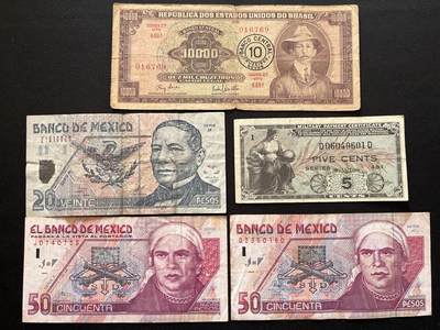 咖啡豆•收藏 2026年Mar_5th世界各国非全新纸币拍卖 - 5枚 巴西/美国/墨西哥 品如图 外国纸币军票