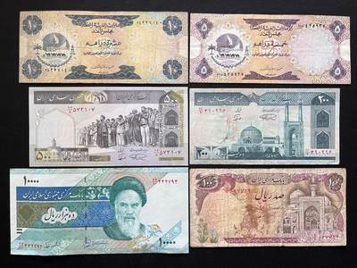 咖啡豆•收藏 2026年Mar_5th世界各国非全新纸币拍卖 - 6枚 阿联酋5&10迪拉姆 伊朗100-10000里亚尔 品如图 外国纸币