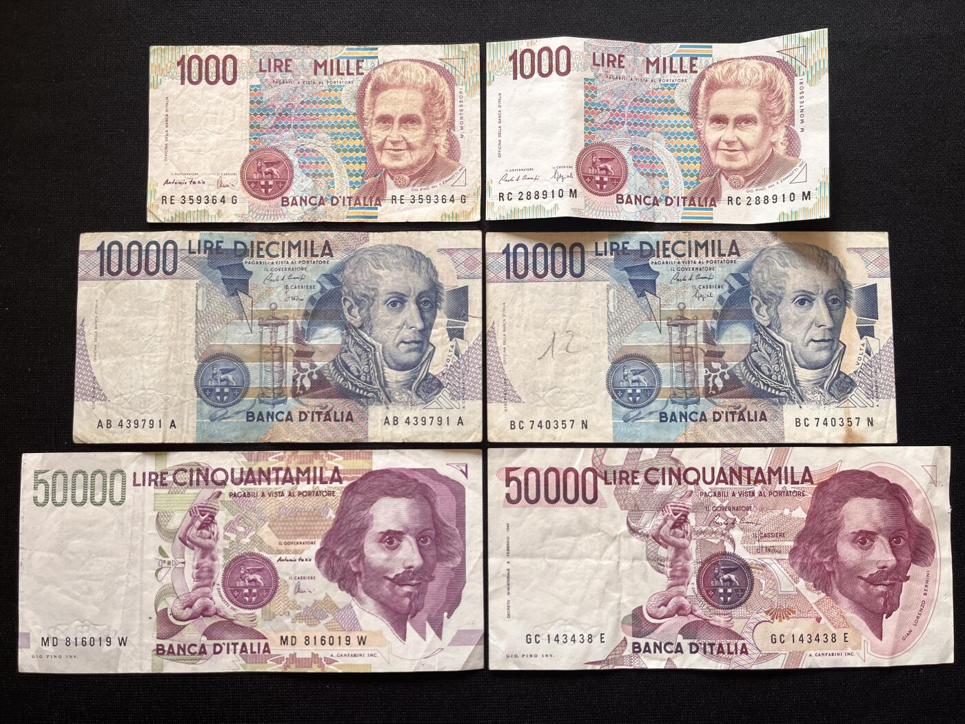 咖啡豆•收藏 2026年Mar_5th世界各国非全新纸币拍卖 6枚 意大利 1000-50000里拉 非全新 品相如图 外国纸币