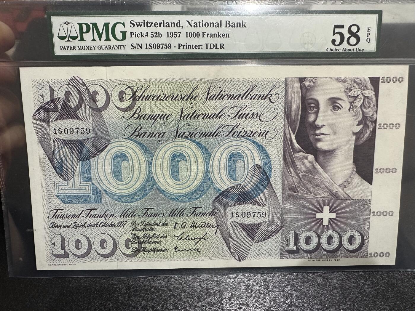 《外钞收藏家》第六百一十二期（ 精选场）（长期征集拍品、欢迎藏友们联系合作） 1957年瑞士1000法郎 死神 PMG58E 大票幅