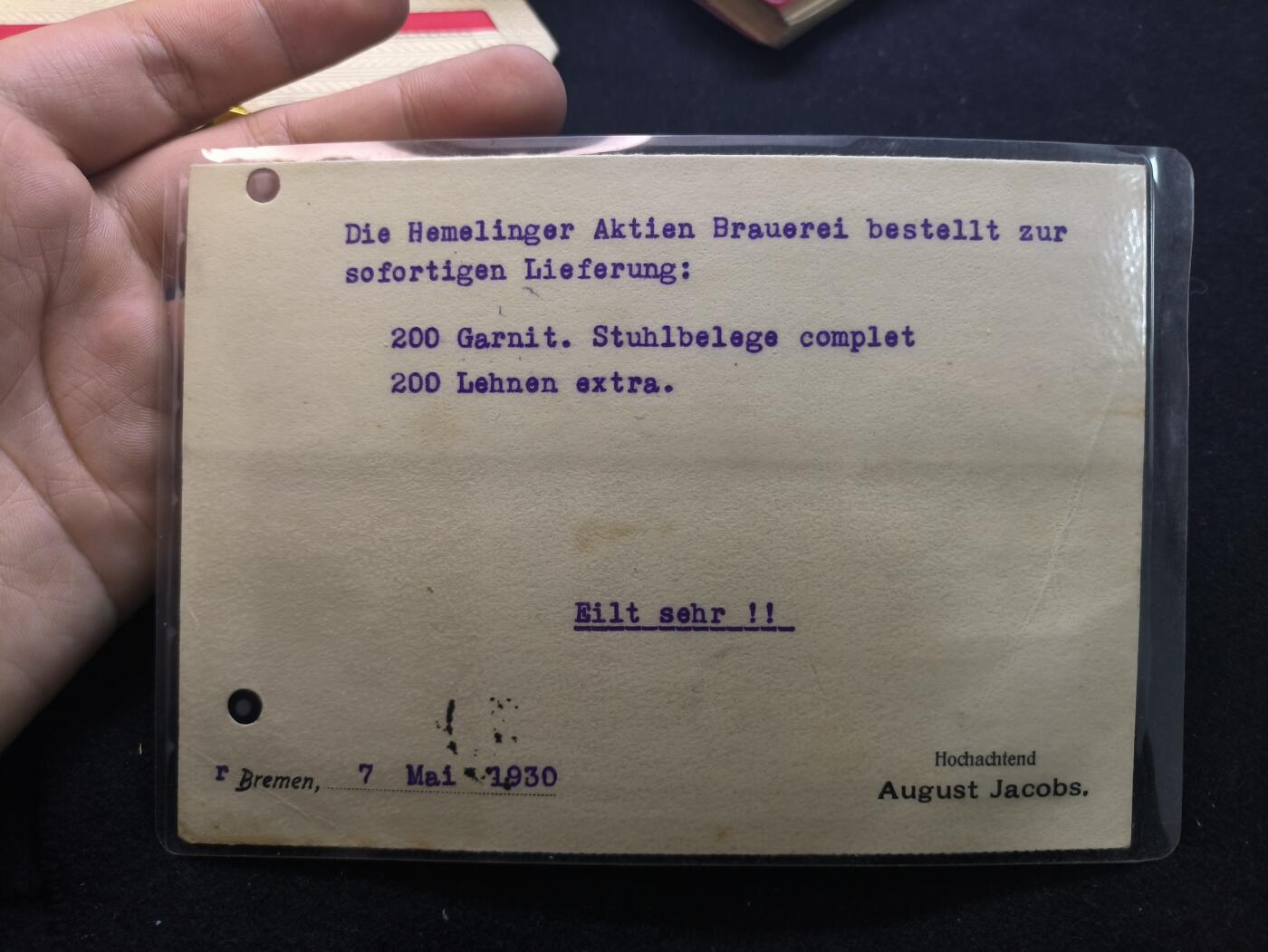 云宸嘉赏-勋臻佳藏新年快速场次（快拍 低佣 一元一手）（新年期间快递正常发） 魏玛德意志共和国-不来梅五金商奥古斯特・雅各布斯的紧急商业电报订单  详细看简介