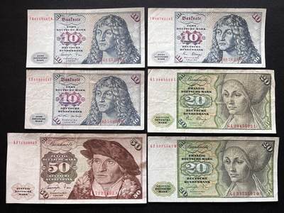 咖啡豆•收藏 2026年Mar_5th世界各国非全新纸币拍卖 - 6枚 德国 10-50马克 非全新品相如图 外国纸币