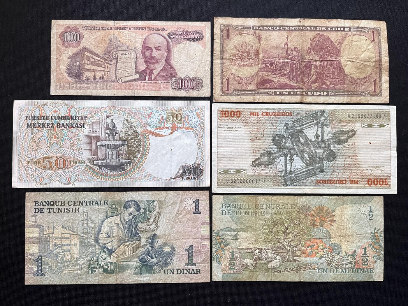 咖啡豆•收藏 2026年Mar_5th世界各国非全新纸币拍卖 6枚 土耳其/智利/巴西/突尼斯 品如图 外国纸币