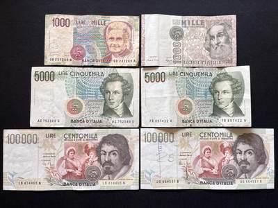 咖啡豆•收藏 2026年Mar_5th世界各国非全新纸币拍卖 - 6枚 意大利 1000-100000里拉 非全新品相如图 外国纸币
