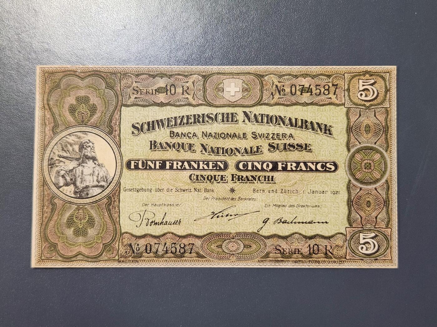 2月23号晚上8点 外国纸币自动截拍第29场 1921年 瑞士 5法郎 初版极少  新品背面踏皮可惜