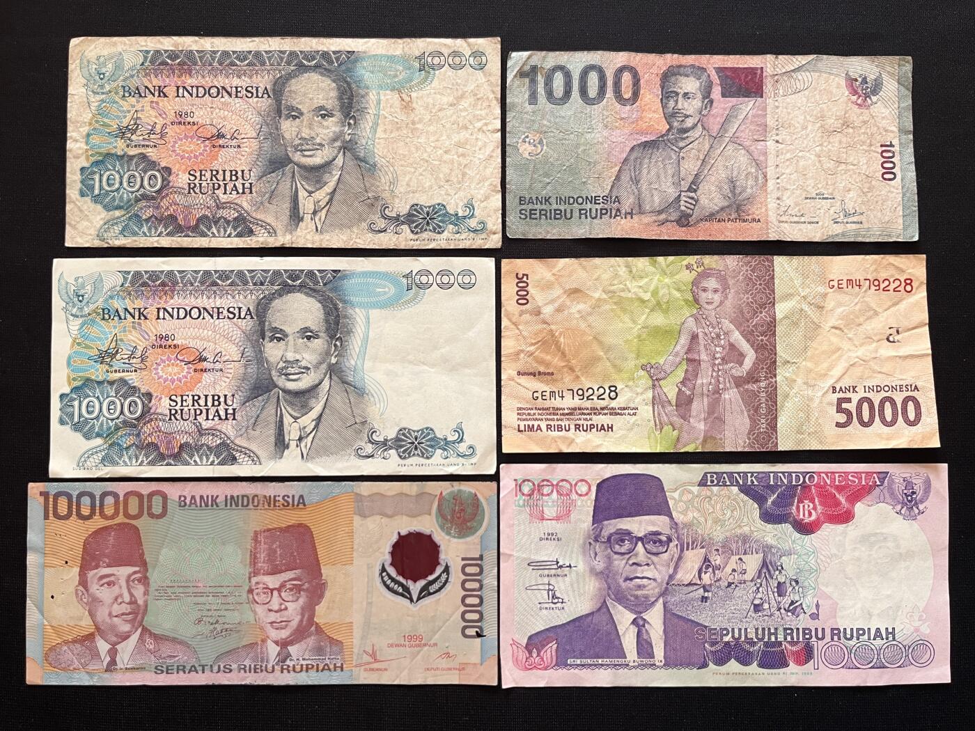 咖啡豆•收藏 2026年Mar_5th世界各国非全新纸币拍卖 6枚 印度尼西亚 1000-100000卢比 品如图 外国纸币
