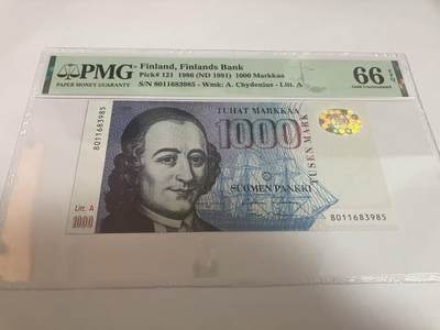《外钞收藏家》第六百一十二期（ 精选场）（长期征集拍品、欢迎藏友们联系合作） - 1986年芬兰1000马克 PMG66 无47靓号