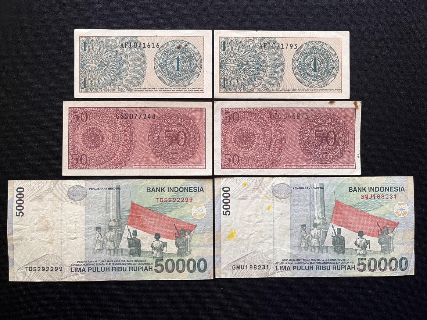 咖啡豆•收藏 2026年Mar_5th世界各国非全新纸币拍卖 6枚 印度尼西亚 1分-50000卢比 品如图 外国纸币
