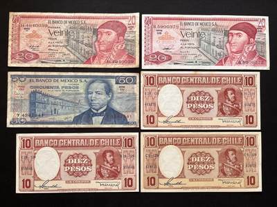 咖啡豆•收藏 2026年Mar_5th世界各国非全新纸币拍卖 - 6枚 墨西哥/智利 比索 品如图 外国纸币