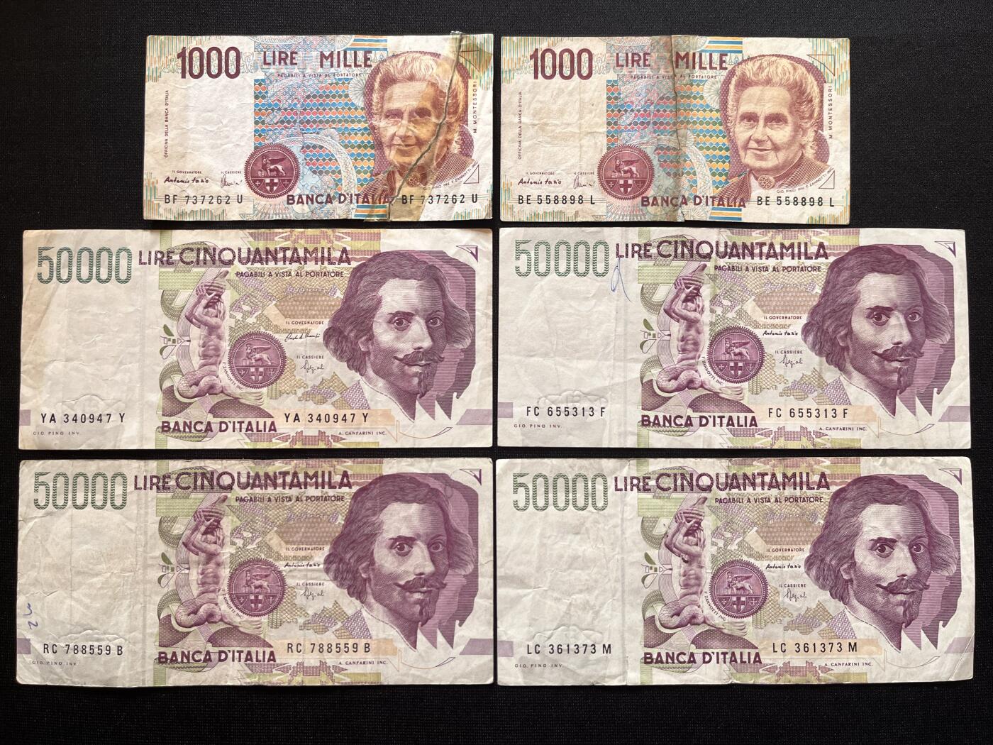 咖啡豆•收藏 2026年Mar_5th世界各国非全新纸币拍卖 6枚 意大利 1000-50000里拉 非全新品相如图 外国纸币
