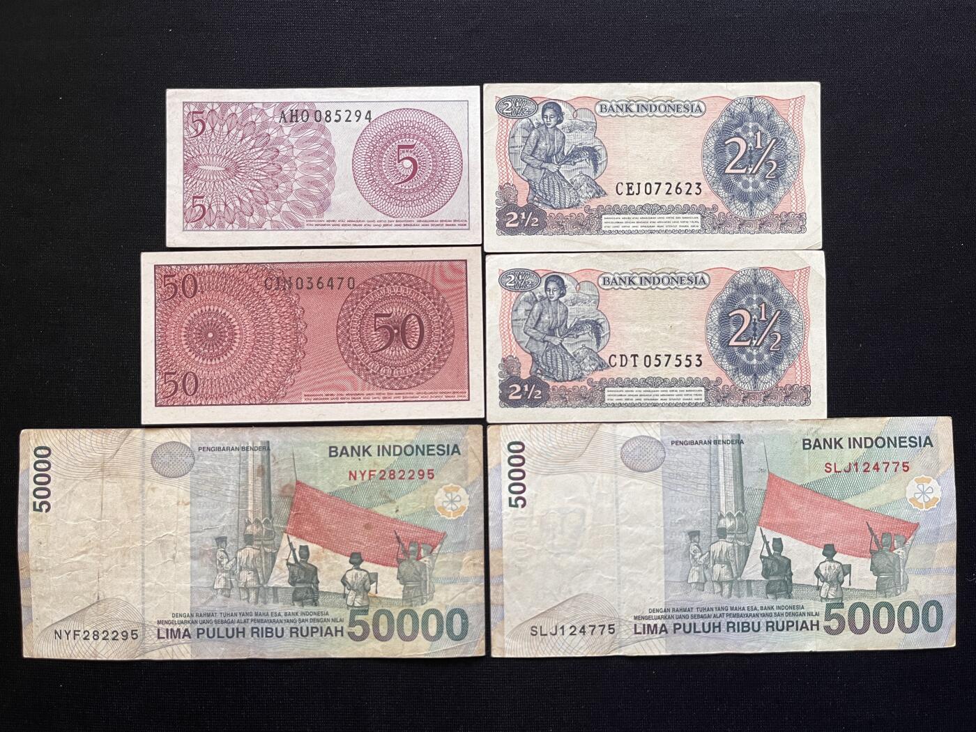 咖啡豆•收藏 2026年Mar_5th世界各国非全新纸币拍卖 6枚 印度尼西亚 5分-50000卢比 品如图 外国纸币