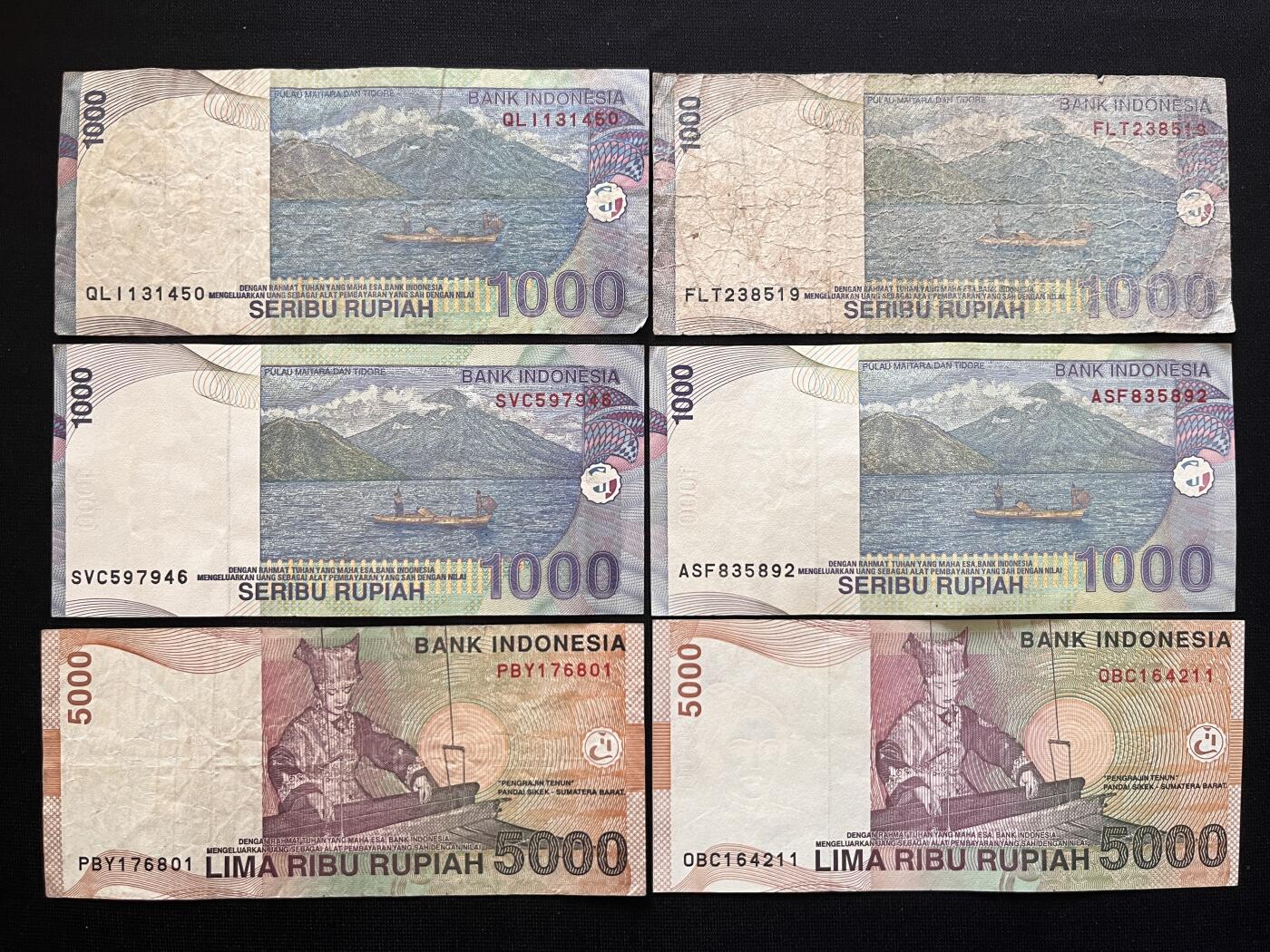 咖啡豆•收藏 2026年Mar_5th世界各国非全新纸币拍卖 6枚 印度尼西亚 1000-5000卢比 品如图 外国纸币
