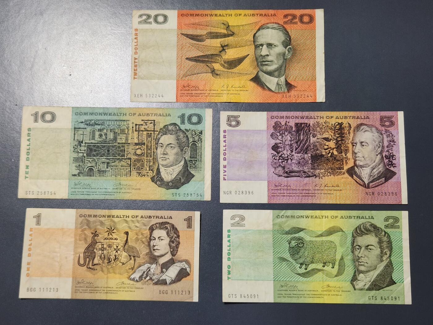 2月24号晚上8点 外国纸币自动截拍第30场 第一版 澳大利亚联邦版1-2-5-10-20元 原票一套