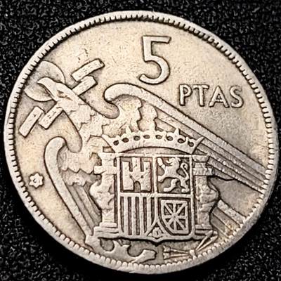 泉币菌-第198场- 新年快乐 新年第6场 本场拍品多 请提前出价（正月十五统一发货） - 西班牙1957年5比塞塔 弗朗哥鹰徽23mm