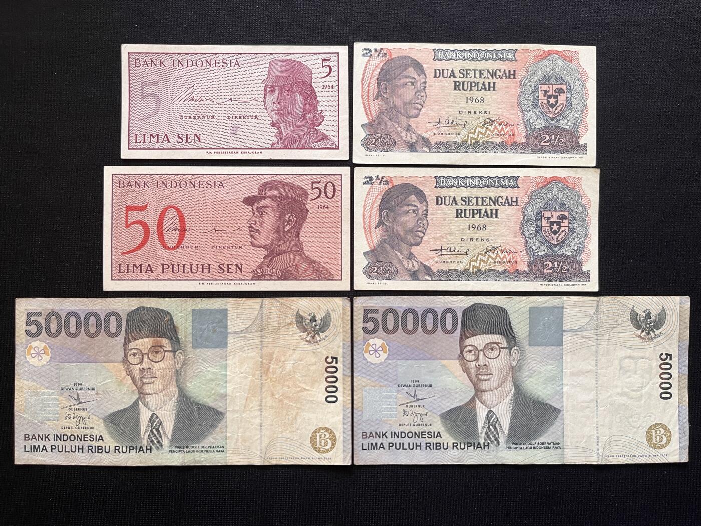 咖啡豆•收藏 2026年Mar_5th世界各国非全新纸币拍卖 6枚 印度尼西亚 5分-50000卢比 品如图 外国纸币
