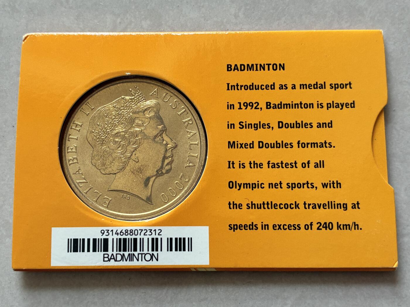 咖啡豆•收藏 2026年Mar_4th澳大利亚悉尼奥运纪念币拍卖 2000年澳大利亚悉尼奥运会卡装纪念铜币5元-羽毛球