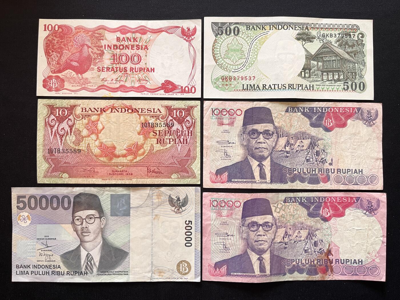 咖啡豆•收藏 2026年Mar_5th世界各国非全新纸币拍卖 6枚 印度尼西亚 10-50000卢比 品如图 外国纸币