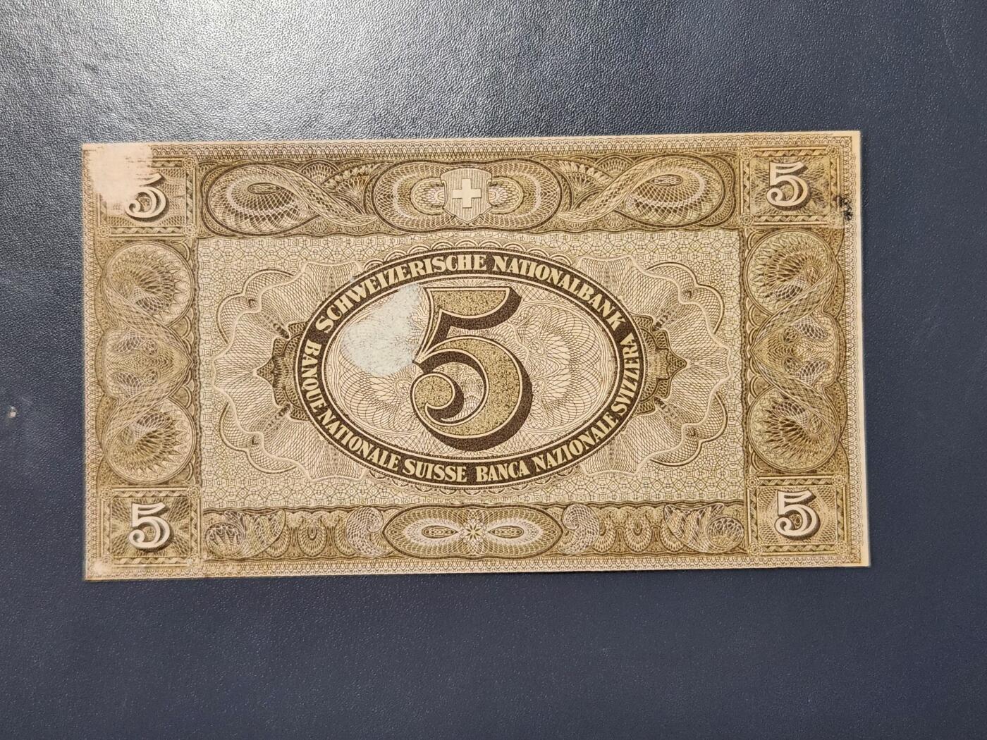 2月23号晚上8点 外国纸币自动截拍第29场 1921年 瑞士 5法郎 初版极少  新品背面踏皮可惜