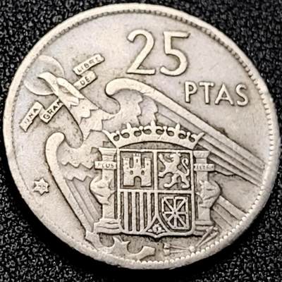 泉币菌-第198场- 新年快乐 新年第6场 本场拍品多 请提前出价（正月十五统一发货） - 西班牙1957年25比萨塔 弗朗哥 铜镍币 26.5mm 