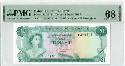 【礼羽收藏】🌏世界钱币拍卖125期 - 巴哈马1元1974年中央银行 单冠Y  海底世界，彩背 PMG68冠军分！！！