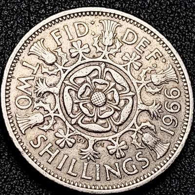 泉币菌-第199场- 新年快乐 新年第7场 本场拍品多 请提前出价（正月十五统一发货） - 英国早期1966年2先令老镍币 伊丽莎白二世青年女王头像 28.3MM