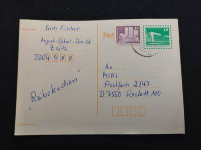 云宸嘉赏-勋臻佳藏新年快速场次（快拍 低佣 一元一手）（新年期间快递正常发） - 民主德国--东德的蔡茨（Zeitz）寄往西德拉施塔特（Rastatt）明信片       邮票为“共和国宫 柏林文化宫”