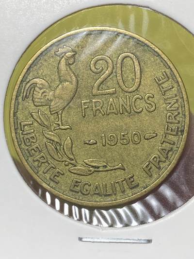 2026年第三十二场(总第二百零一场）外国精品纸夹币场(免佣金) - 法兰西第四共和国1950年20法郎(头像后单排字，鸡尾三羽版)