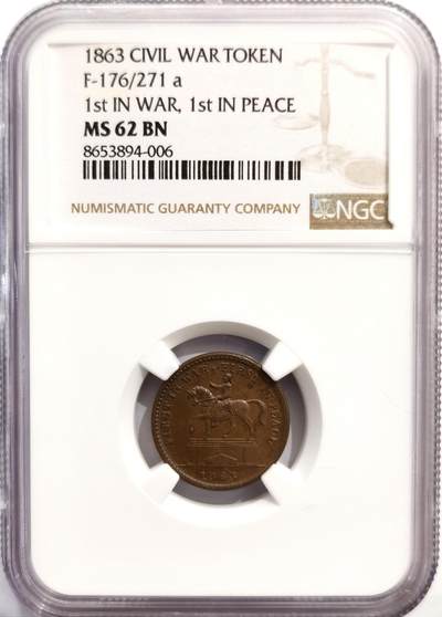 博洋堂世界钱币拍卖第162期（全场包邮） - NGC MS62BN 美国1863年政治口号“战时第一，和平时亦第一”代币，稀少的美国内战代币，正值美国南北战争期间，经济动荡，民众囤积金银硬币，导致市面上小额零钱（如一分、半分硬币）极度短缺，为了维持商业运转，许多私人商家（如面包店、杂货铺）开始铸造这种铜质代币，作为“找零券”在本地流通