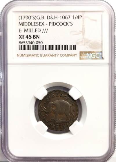 博洋堂世界钱币拍卖第162期（全场包邮） - NGC XF45BN 英国1790年1/4便士康德代币，动物展览商吉尔伯特·皮德科克发行，用于宣传动物展览，正面大象是当时展览的明星动物之一
