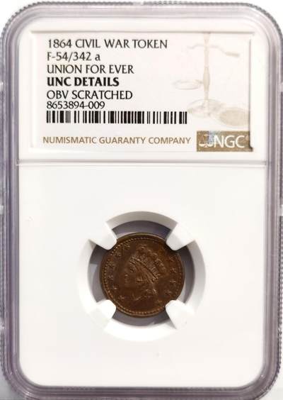 博洋堂世界钱币拍卖第162期（全场包邮） - NGC UNC 美国1864年政治口号“联邦永存”代币，稀少的美国内战代币，正值美国南北战争期间，经济动荡，民众囤积金银硬币，导致市面上小额零钱（如一分、半分硬币）极度短缺，为了维持商业运转，许多私人商家（如面包店、杂货铺）开始铸造这种铜质代币，作为“找零券”在本地流通