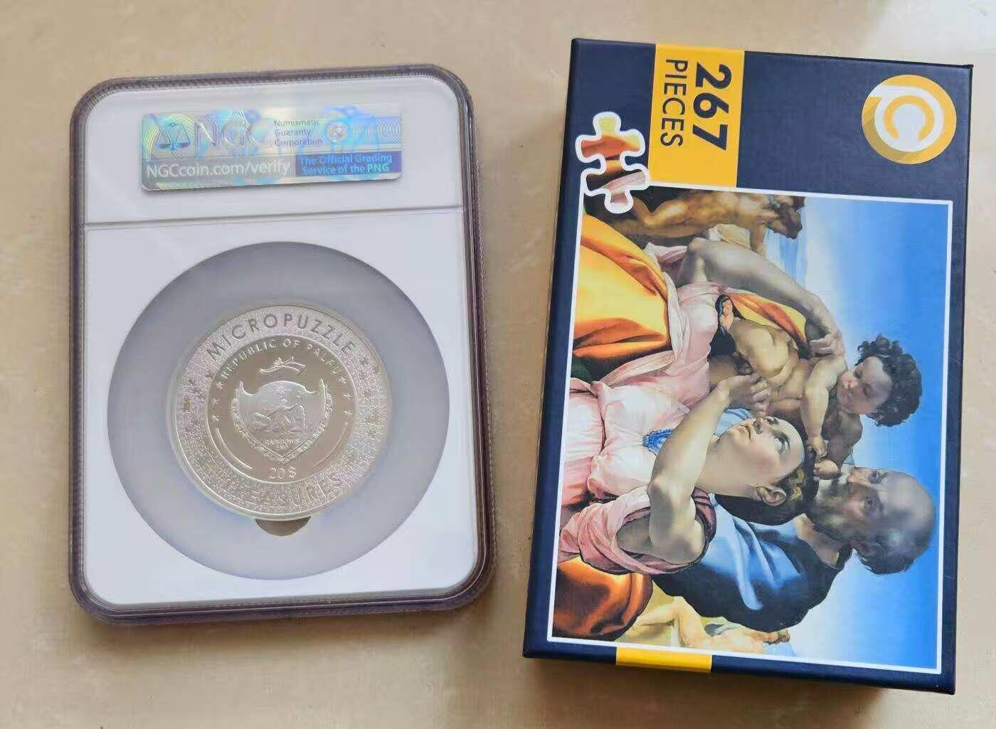 【币将精彩】世界钱币拍卖（2026-3-11） 帕劳2023币米开朗基罗圣约翰一家拼图彩色3盎司银币NGC评级币带证书包装