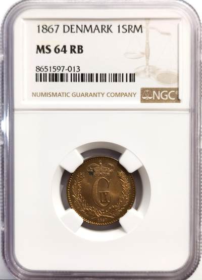 博洋堂世界钱币拍卖第162期（全场包邮） - NGC MS64RB 丹麦1867年1Skilling Rigsmont铜币