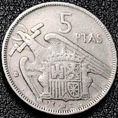 泉币菌-第199场- 新年快乐 新年第7场 本场拍品多 请提前出价（正月十五统一发货） - 西班牙1957年5比塞塔 弗朗哥鹰徽23mm