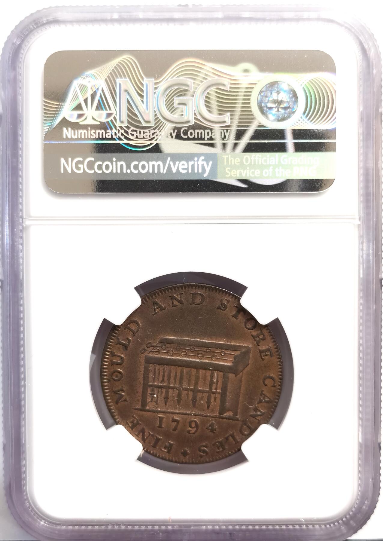 博洋堂世界钱币拍卖第162期（全场包邮） NGC AU 英国1794年1/2便士康德代币，伦敦蜡烛商人沙克尔顿发行，背面是蜡烛模具，主要在萨福克郡流通