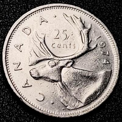 泉币菌-第199场- 新年快乐 新年第7场 本场拍品多 请提前出价（正月十五统一发货） -  高币值 加拿大1974年1/4加拿大元 伊丽莎白二世 驯鹿 24mm 