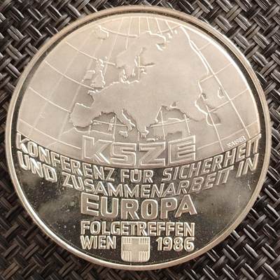 布加迪🐬～世界钱币(上海)🌾第 276 期 /  各国套币和散币 - 奥地利🇦🇹 1986年 500先令银币 欧安会纪念币 24克 38mm 925银