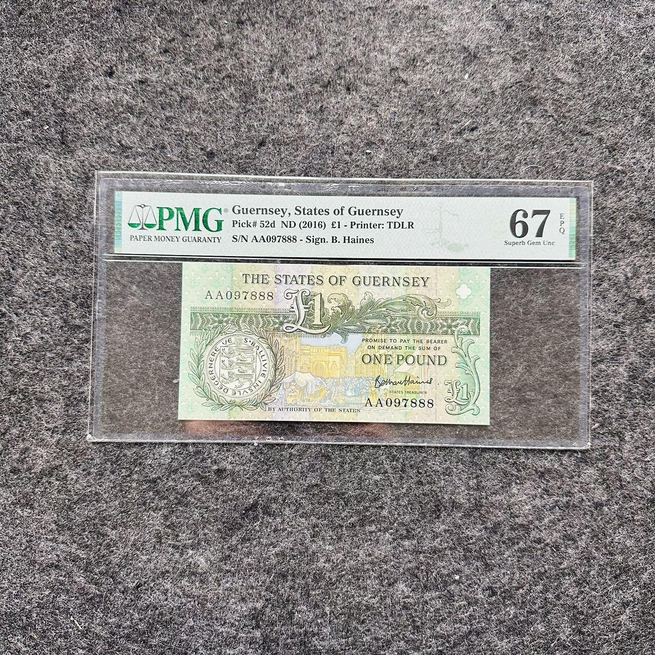 🇺🇳¥ ¥2026🐎马年纸钞评级币 根西岛1991/2016年1镑，豹子号888（AA097888）