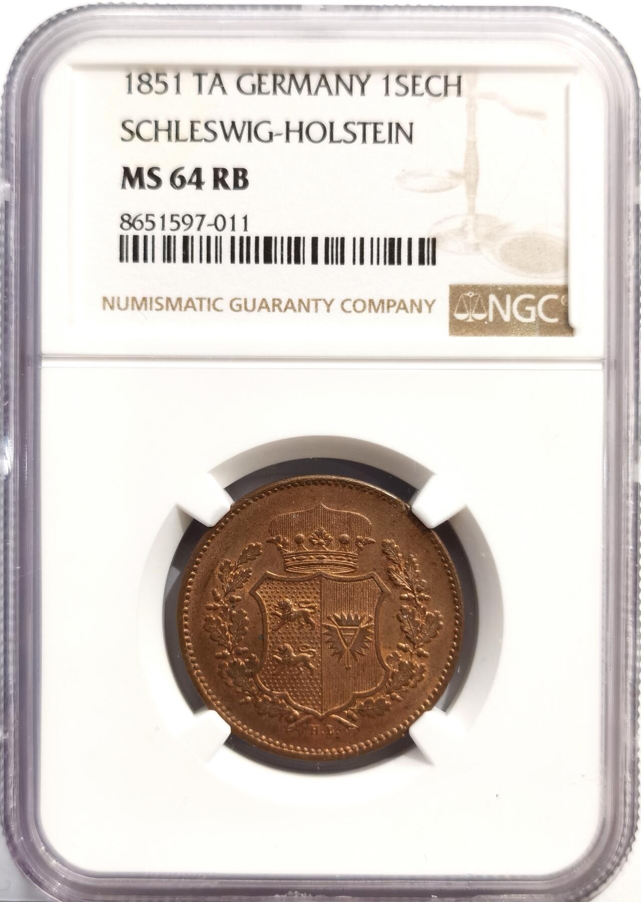 博洋堂世界钱币拍卖第162期（全场包邮） NGC MS64RB 德国石勒苏益格-荷尔斯泰因1851年1 Sechs（即1 Sechsling，6克鲁泽）铜币，稀少品种