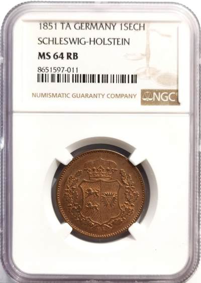 博洋堂世界钱币拍卖第162期（全场包邮） - NGC MS64RB 德国石勒苏益格-荷尔斯泰因1851年1 Sechs（即1 Sechsling，6克鲁泽）铜币，稀少品种